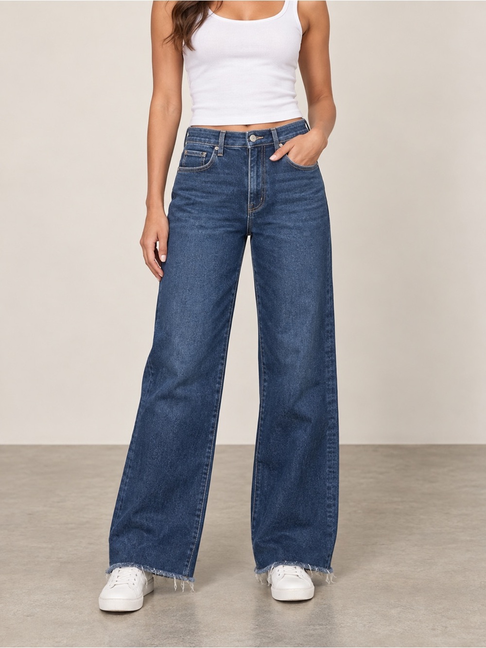 DAZE Denim HUG High Rise Wide Leg Raw Hem Jeans Size 27P Dark Wash Stretch